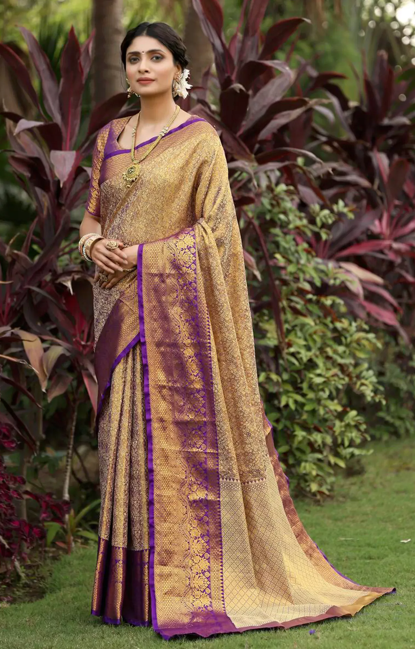 Kunaina Purple Kanjiviram Pattu Silk Pure Gold Zari Saree