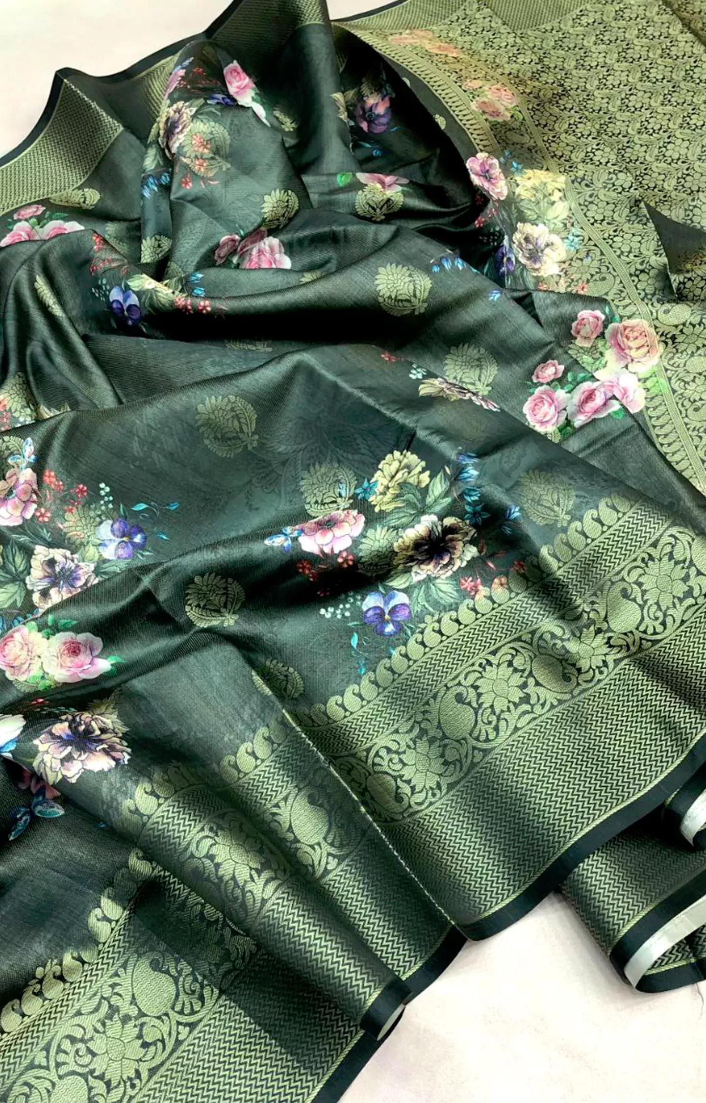 Blossom 2 Bottlegreen Soft Silk Floral Digital Print Saree.