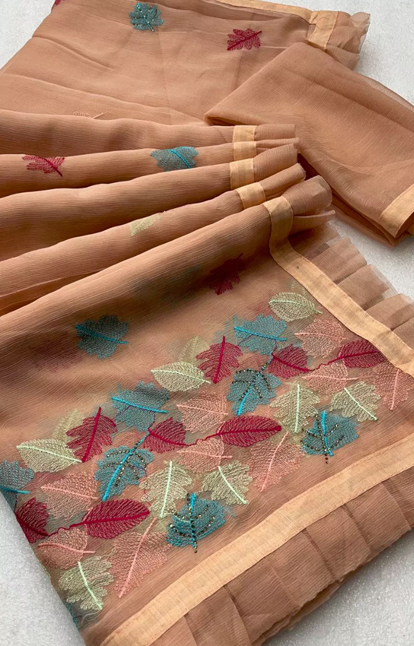 Carbon Light Orange Chiffon With Embroidery Saree